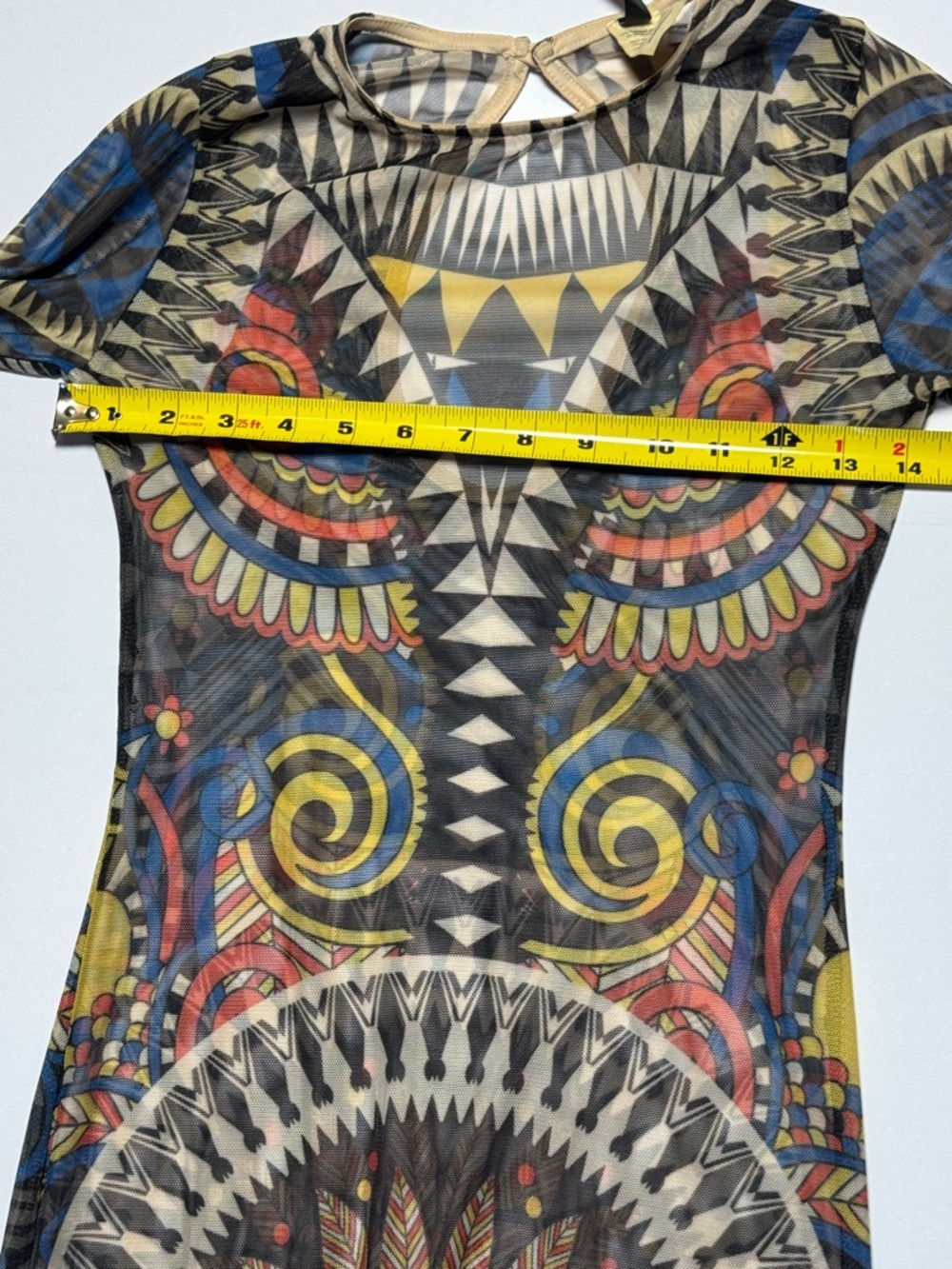 VINTAGE 90's Kaleidoscope Tribal Print Mesh Sheer Stretch Jumpsuit Cat Suit M - Picture 7 of 16